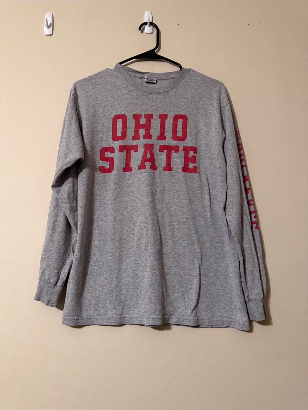 Ohio State Long Sleeve Men's Tee - Gray with Red Lettering